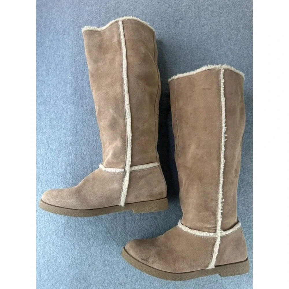 Vintage Y2K Genuine Suede Sherpa Lined Tan Tall Womens Boots Size US 7 Cabincore